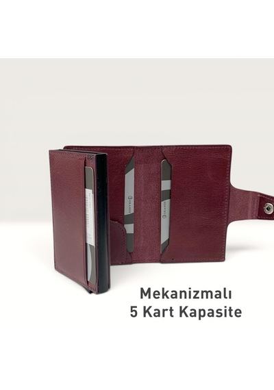 Grande Hakiki Deri Mekanizmalı Mandallı Kartlık Cüzdan Rfıd Bordo