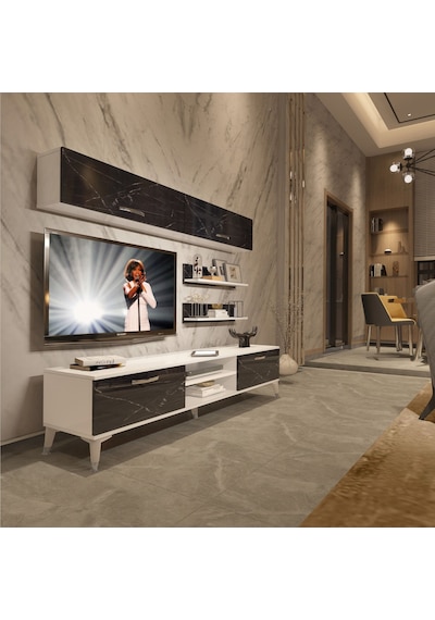 Decoraktiv Eko 5 Mdf Dvd Silver Tv Ünitesi Tv Sehpası Beyaz - Siyah Mermer