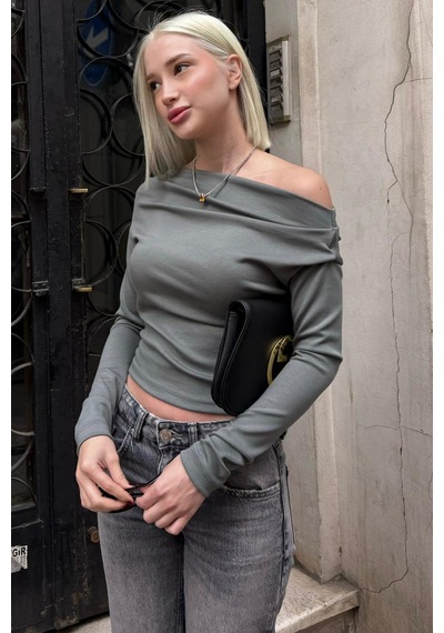 Seeh Haki Kadın Off Shoulder Uzun Kollu Bluz Sh327