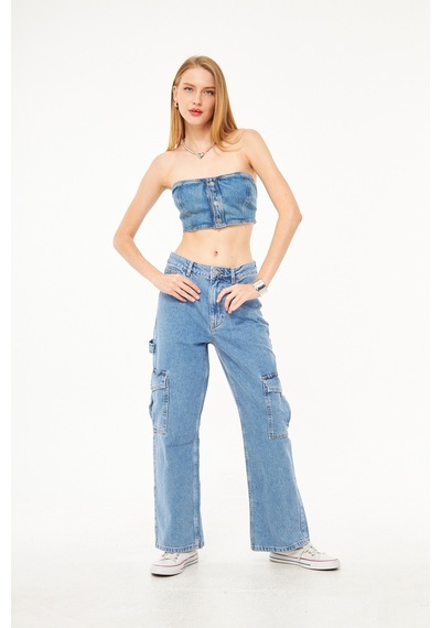 Bol Kesim Kadın Denim Kargo Pantolon 001