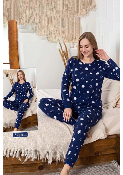 Remsa Kadın Yıldız Desen Suprem Pijama Takımı 0467 Lacivert Lacivert