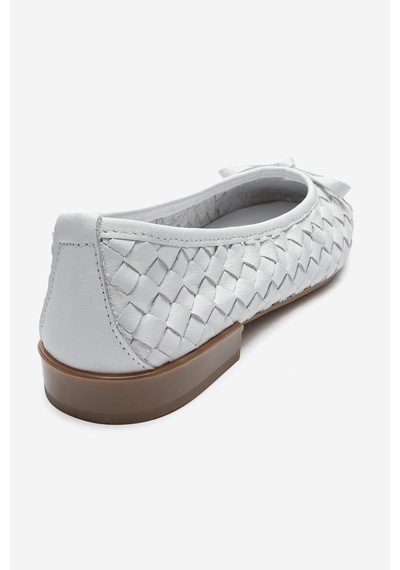 Luvi Shoes Garen Beyaz Örgü Hakiki Deri Fiyonklu Kadın Babet Ayakkabı
