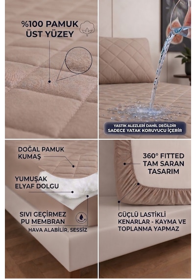 %100 Pamuk Renkli Kapitone Sıvı Geçirmez Alez Çarşaf - Kahverengi