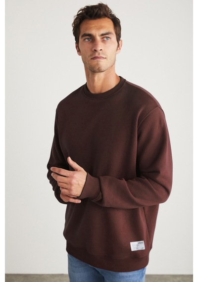 Grimelange GRIMELANGE Travıs Erkek Organik Kumaşlı Yumuşacık Regular Fit Yuvarlak Yakalı Kahverengi Sweatshirt Kahverengi