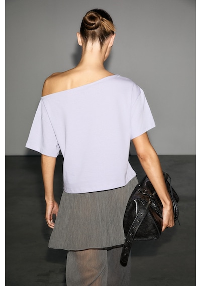 Grımelange Qaly Kadın Kayık Yaka Tek Omuz Kısa Kol Ön Ve Arka Baskı Detaylı Relaxed Lila T-shirt Grımelange Qaly Kadın Kayık Yaka Tek Omuz Kısa Kol Ön Ve Arka Baskı Detaylı Relaxed Lila T-shirt