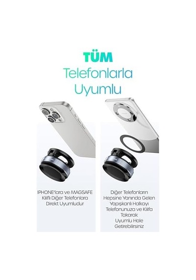 Magsafe Uyumlu Manyetik Araç Telefon Tutucu 360 Döner Güçlü Vakumlu Stand Siyah