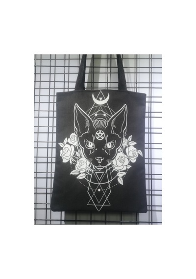 Owl Bag Gotik Tarz -black Cat Desenli Tasarım Kumaş Omuz Çantası Beyaz