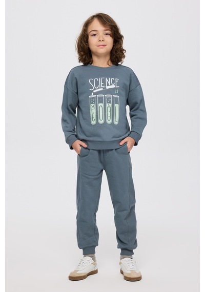Panço Erkek Çocuk Baskılı Petrol Sweatshirt Mavi