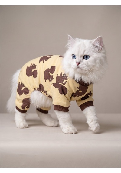 Fındıkkıran Kedi Tulumu Sincap Desenli Sarı Kalın Penye Kedi Pijaması