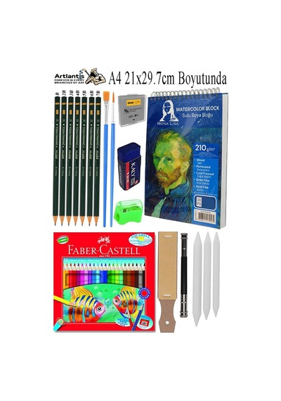Telli Suluboya Bloğu Kağıdı A4 210gr 20 Yaprak Dokulu Gölgelendirme Zımpara 24 Renk Aquarell Kuruboya Dereceli Uzatma