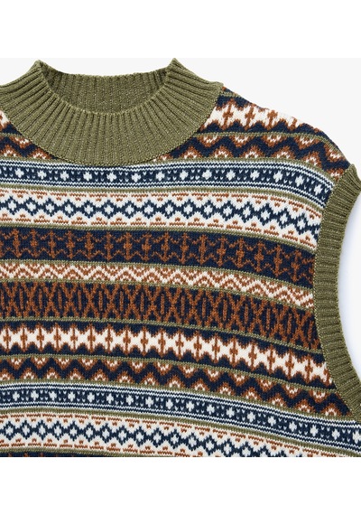 Koton Geometrik Desenli Ribanalı Kolsuz Dik Yaka Triko Süveter Yeşil Desenli 7wal20002ht