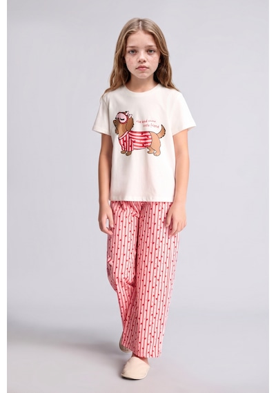 Defacto Baskılı Ve Çizgili Regular Fit 2li Pijama Takımı Kız Çocuk H5510a826wner103 Ekru-er103