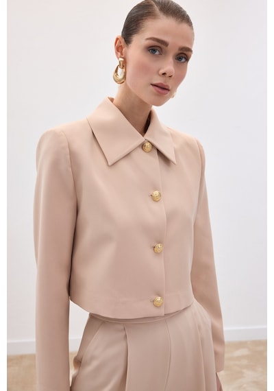 Sateen Düğmeli Kısa Ceket - Bej-136590 Bej