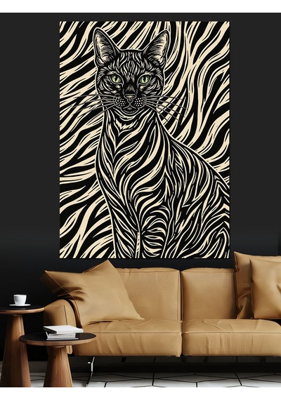 Ahşap Tablo Zebra Desenli Sanatsal Kedi Portresi