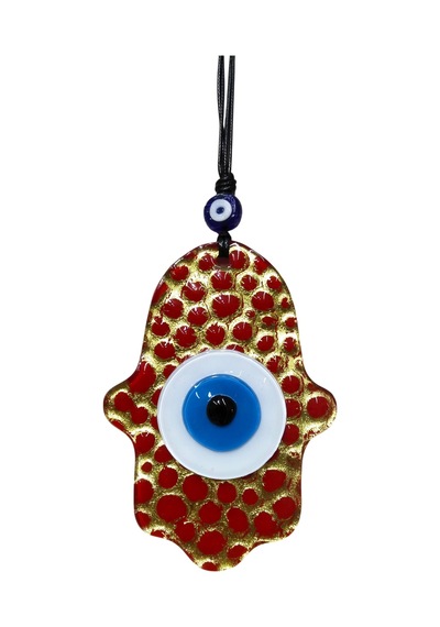Cam Fatma Ana Eli Duvar Süsü Nazar Boncuklu - Kırmızı Gold Detaylı Hamsa Eli 10x15 Cm