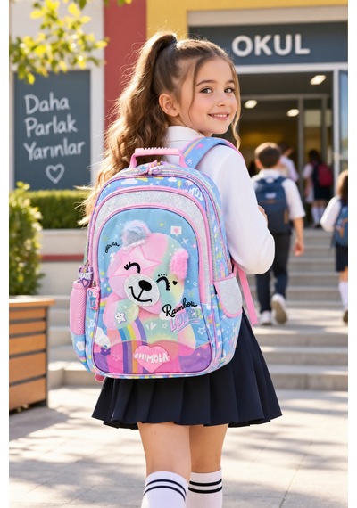 Okul Sırt Çantası Pembe Cute Cat Bear 3 Bölmeli Ortopedik Matara Cepli 42x27x18cm Çok Renkli