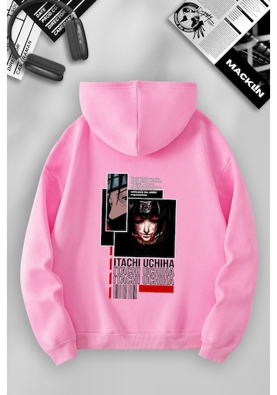 Macklin Unisex Kadın Erkek Uchiha Itachi Sırt Baskılı Özel Tasarım Kapşonlu Sweatshirt Pembe Mck1216 Pembe