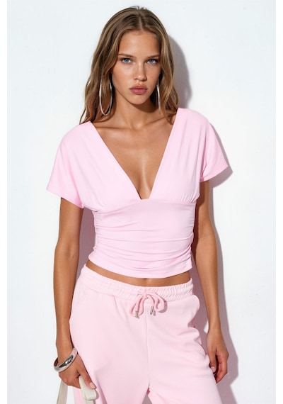 Hiccup Busem Bağlama Detaylı Dar Kesim Crop Bluz Allık Pembe