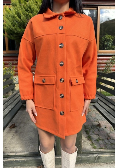Oranj Düğme Detaylı Kapaklı Cep, Midi Polar Kaşe Ceket Oranj
