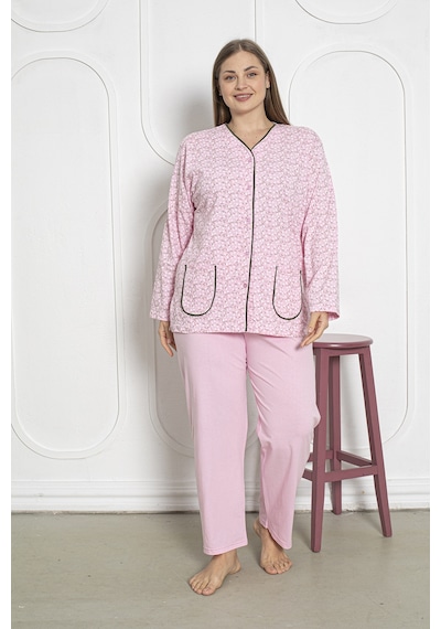 SEBOTEKS %100 Pamuklu Uzun Kollu Boydan Düğmeli Büyük Beden Kadın Pijama Takımı 206 Pembe