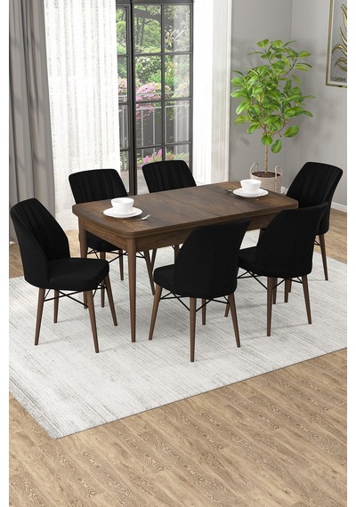 Arel Barok Desen 80x132 Açılabilir Mdf Masa Yemek Odası Takımı, Mutfak Takımı 6 Adet Sandalye Barok Masa - 6 Siyah - Ceviz Ayak Arel Barok Desen 80x132 Açılabilir Mdf Masa Yemek Odası Takımı, Mutfak Takımı 6 Adet Sandalye Barok Masa - 6 Siyah - Ceviz Ayak