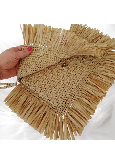 Boho Püsküllü Rafya Çanta El Yapımı Yazlık Hasır Kadın Clutch