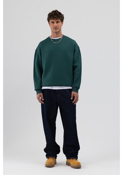 Vamos Basic Bisiklet Yaka Oversize Sweatshirt Nefti Yeşil