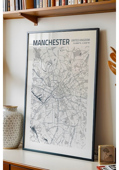Manchester İngiltere Haritası Çerçeveli Tablo Lüks Salon Ofis Duvar Dekorasyonu Hediyelik Tablo Siyah
