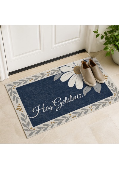 Kartela Halı Hoş Geldiniz Yazılı Papatyalı Kapı Paspası Lacivert Kaymaz Kauçuk Taban 60x90 Cm