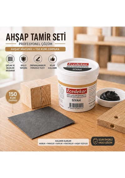 Siyah Ahşap Tamir Macunu Seti 200 Gr + 150 Kum Zımpara - Mobilya, Parke Ve Ahşap Kapı Çatlak, Delik, Çizik Onarım Dolgu Macunu