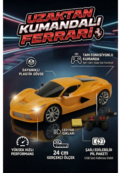 Uzaktan Kumandalı Şarjlı Araba 24 Cm Işıklı Ferrari & Lamborghini Model Full Fonksiyonlu Oyuncak Sarı Ferrari