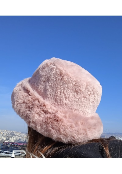 Shopiolog Pofidik Peluş Şapka Kışlık Suni Kürk Kalpak Kabarık Kova Şapka Gül Kurusu