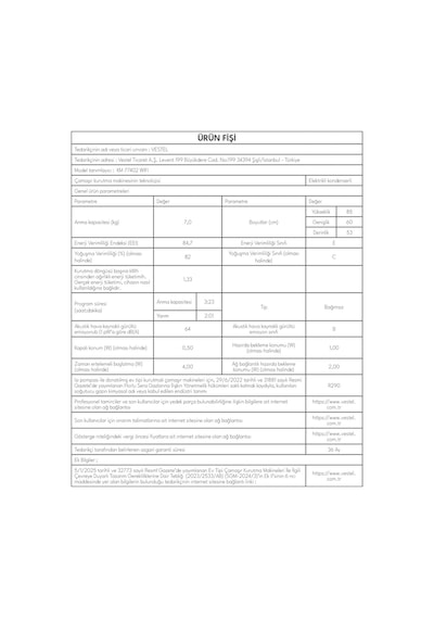 Vestel KM 77402 WIFI 7 KG Kurutma Makinesi