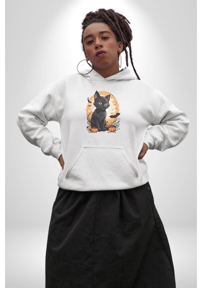 Cadılar Bayramı Kedi Kadın Erkek Beyaz Kapüşonlu Sweatshirt Hoodie Beyaz