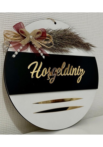Hoşgeldiniz Yazılı Aynalı Pleksi Ahşap Kapı Süsü Dekoratif Dış Kapı Süsü Beyaz Ahşap Beyaz-siyah