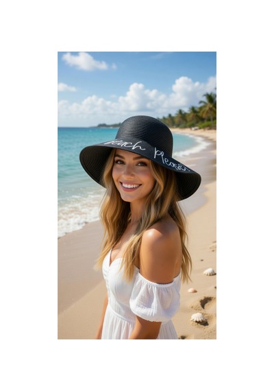Mollycrush Kadın Siyah Beach Please Hasır Şapka Yazlık Şık Model Siyah