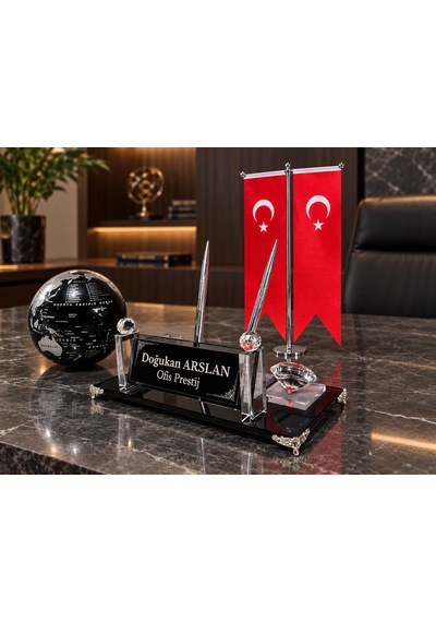 Kişiye Özel Çift Kalemli Kristal Masa İsimliği Türk Bayraklı Dünya Küreli 3 Parça Siyah