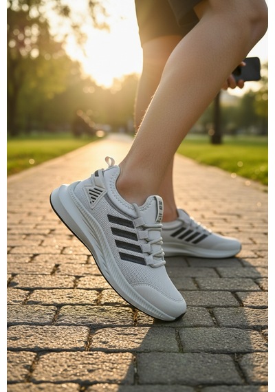 Enoch Ortopedik Ultra Hafif Şeritli Fileli Çoraplı Sneaker Spor Ayakkabı Gri