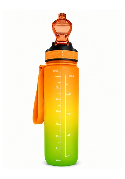 900 Ml Motivasyon Matarası Sızdırmaz, Kilitli, Silikon Uçlu, Taşıma Askılı, Geniş Ağızlı Su Matarası Turuncu