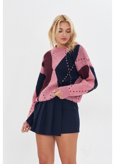 Pudra-bodro-lacivert Baklava Desen Oversize Triko Bordo