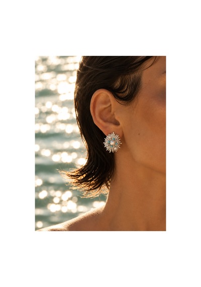 Pearl Collection Nerina İnci Ve Turkuaz Taş Detaylı Silver Güneş Formlu Çelik Kadın Küpe Gümüş Gümüş