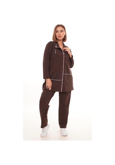 Lady Majestic Büyük Beden Hırka Sweatshirt & Pantolon İkili Takım Kadın Kahverengi