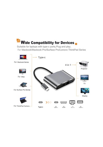4In1 Type C To Usb 3.0 + Hdmi + Gigabit Ethernet + Type-C Adaptör (539269031)