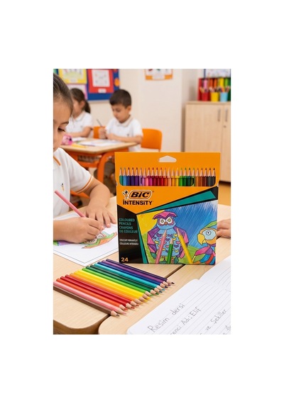 24 Lü Kuru Boya Kalemi Karton Kutu 1 Paket Bic İntensity 24 Renk Kuruboya Tam Boy Canlı Renkli Boya Kalem Okul Öğrenci Çok Renkli