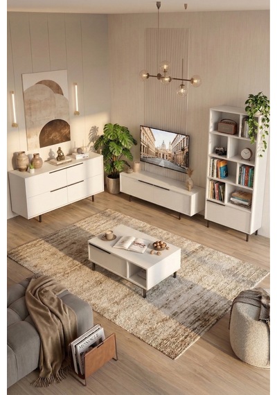 Ocean Tv Ünitesi Orta Sehpa Konsol Kitaplık 4'lü Set Beyaz On21-w