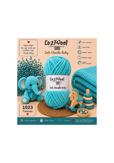 Kadife İp Soft Chenille Bulky 5'li Paket 5x100 Gr 120 Mt El Örgü İpi Turkuaz - 875823131