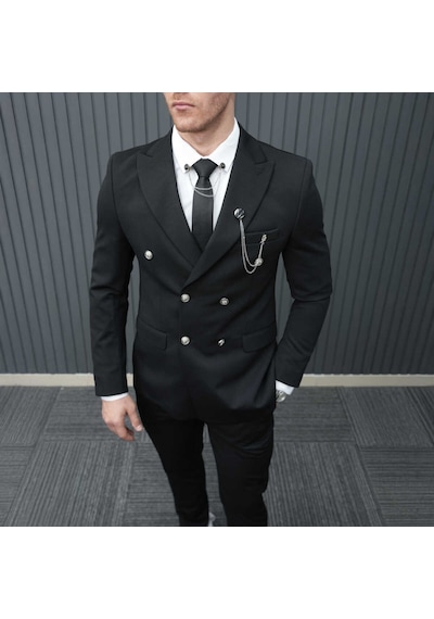 Beystil Sivri Yaka Siyah Kruvaze Takım Elbise Petek036 - Slim Fit Siyah