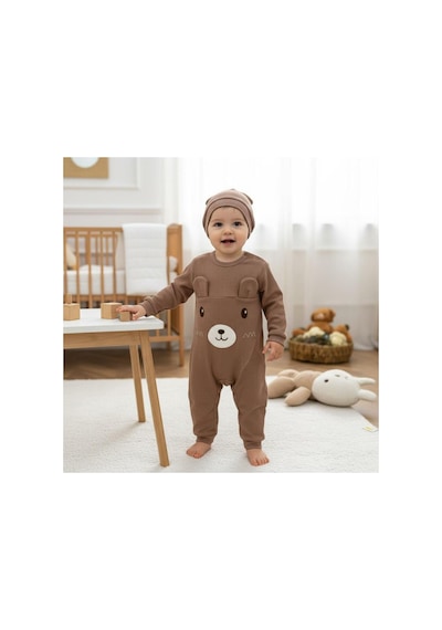 Altıntaş Baby Kulaklı Ayıcık Nakışlı Bereli Erkek Bebek Fitilli Tulum Bej Bej