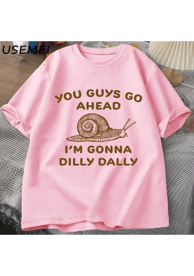 Flood Of Style Devam Edeceğim Dilly Dally Tshirt Adam Retro Komik Salyangoz Listic İstik T-shirt Kadın Erkek Pembe
