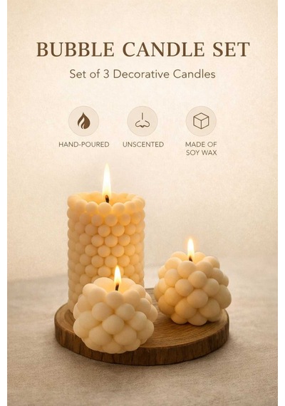 El Yapımı Bubble Mum Seti 3 Lü Dekoratif Şık Mum Pinterest Stil Minimal Tasarım Beyaz - 855557808 Beyaz